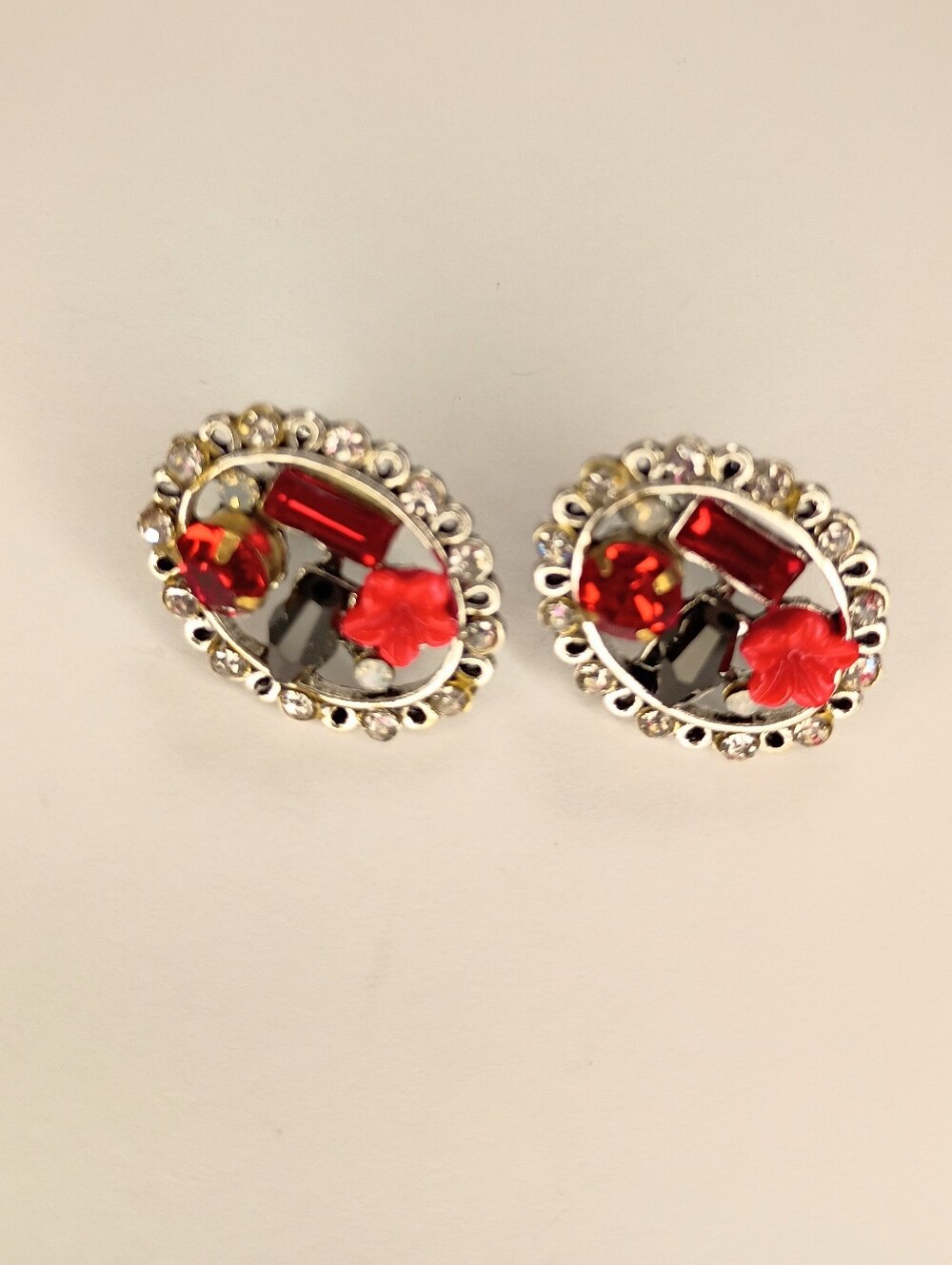 Red Floral Crystal Oval Stud Earrings by